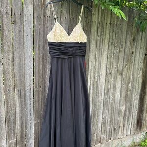 JS Collection Black and Cream Pearl Beaded Full length Gown